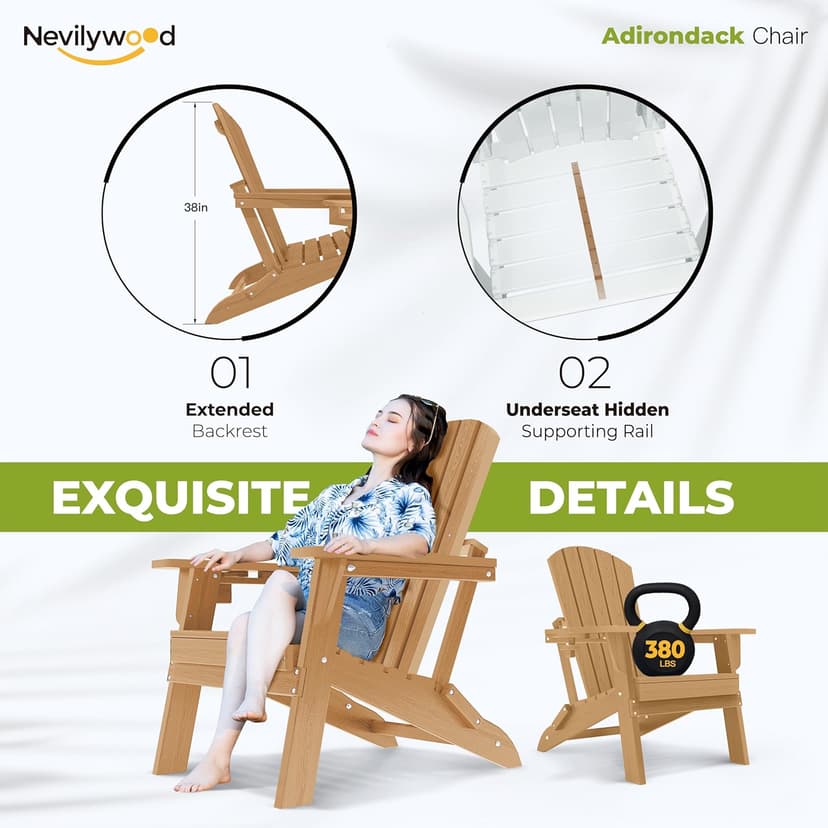 nevilywood Folding Adirondack Chair - Extended Ergonomic Backrest, Cup Holder - Easy Assembly - Durable HDPE Plastic, Weather Resistant & Maintenance-Free - Lawn, Patio, Deck Supports 400lbs Teak