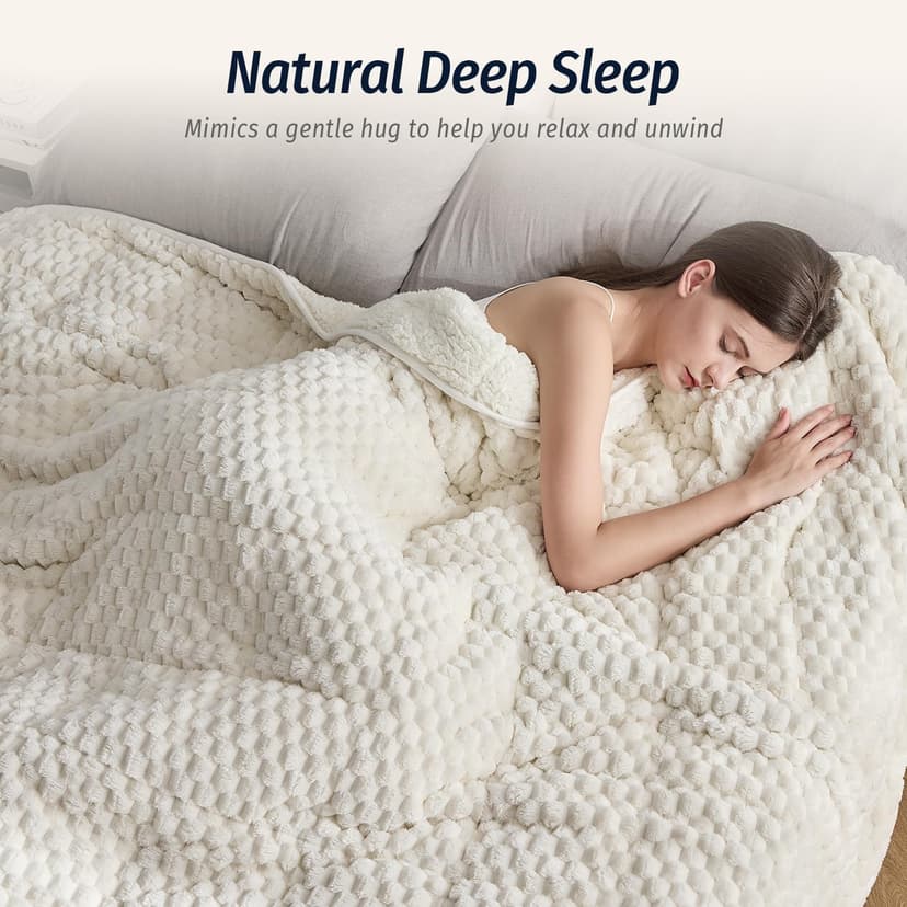 Wemore Fleece Weighted Blanket for Adults (60" x 80" 15lbs, Cream White), Dual Sided Cozy Soft Sherpa Heavy Blanket with 3D Imitation Turtle Shell Warm Jacquard Flannel for Couch and Bed