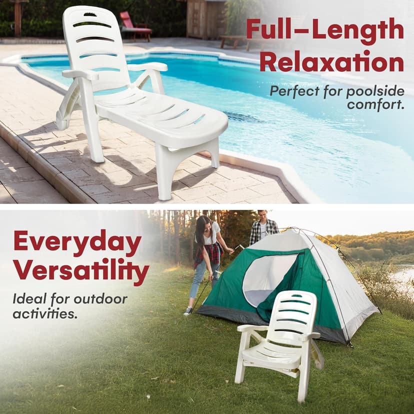 Wild Wolf Outfitters Outdoor Folding Lounge Chair - Adjustable Lightweight Chaise Pool Chairs - Plastic Chairs for Patio, Lawn, Deck or Beach- Outdoor Furniture - White, Chaise Lounge Outdoor