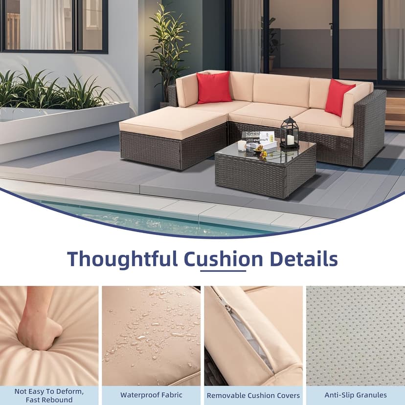 Vongrasig 5 Piece Patio Furniture Sets, All-Weather Brown PE Wicker Outdoor Couch Sectional Set, Small Conversation Set for Garden/Patio w/Ottoman, Glass Table, Red Pillow, Beige