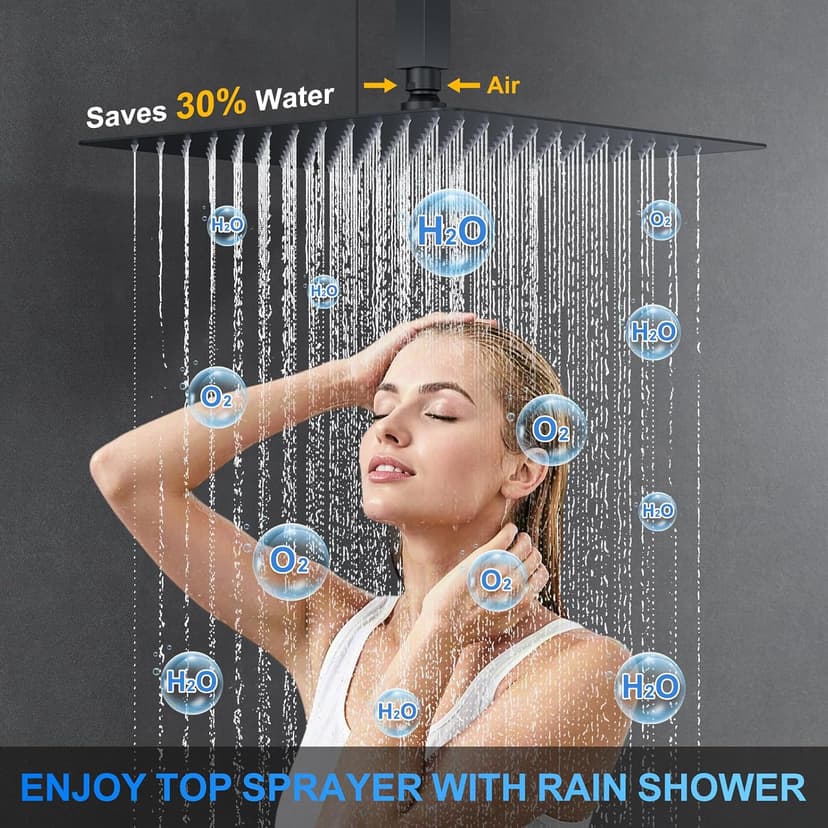 Shower Faucet Set, 12" Ceiling Mount Rainfall Shower System with 2 Rain Shower Head and Multi-function Handheld Head Push Button Diverter Shower Faucet Trim Kit (12", Matte Black)