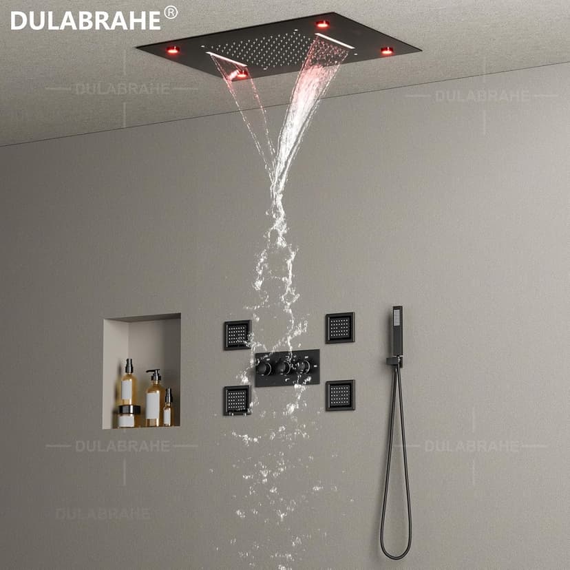 Waterfall And Rain Shower System Faucet Set 14 X 20 Inch LED Ceiling Rainfall Matte Black Shower Head With Handheld Spray Combo Shower Body Jets For Bathroom