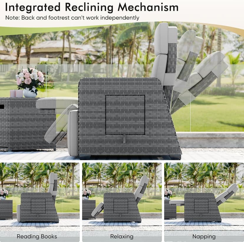 Outdoor Recliner Patio Chair, All-Weather Wicker Furniture Reclining with Air Pump, 150° Lay-Flat Position, Extended Footrest, Flip-Up Side Table, Removable Gray Olefin Cushions