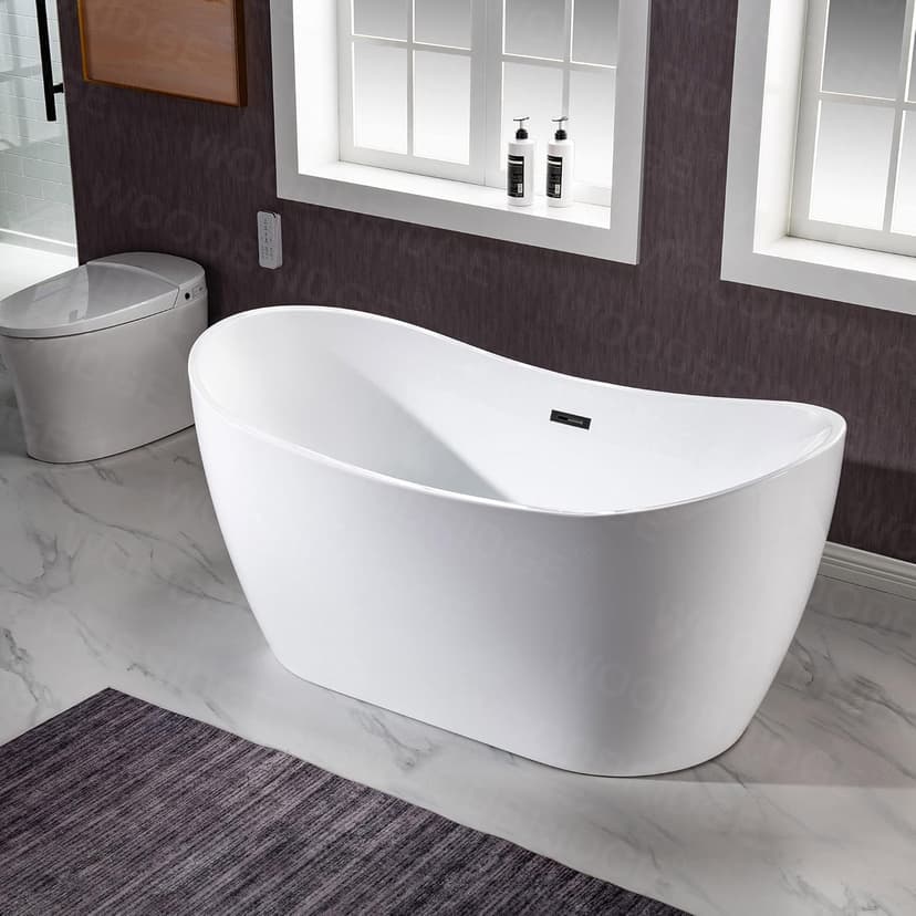 WOODBRIDGE 59" Acrylic Freestanding Bathtub Contemporary Soaking White Tub with Matte Black Overflow and Drain，B0016 -MB-Drain &O