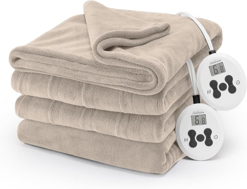 Sunbeam Electric Royal Luxe Microplush Heated Blanket 12 Heat Settings, 12-Hour Selectable Auto Shut-Off, Fast Heating, Warm and Cozy, Sandstone Color, Queen, 90" x 84"
