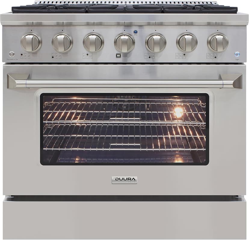 DE360GRSSS Gas Range Cooktop 36-Inch with Porcelain Convection Oven and Broil Function, 6 Sealed Burners and Continuous Grates with Stainless Steel Construction, Silver