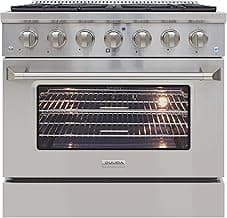 DE360GRSSS Gas Range Cooktop 36-Inch with Porcelain Convection Oven and Broil Function, 6 Sealed Burners and Continuous Grates with Stainless Steel Construction, Silver