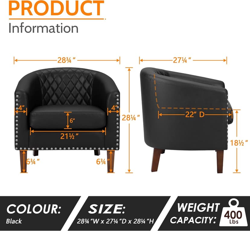 PrimeZone Barrel Chair Set of 2, Comfy Accent Chair, Faux Leather Living Room Chairs Club Chair with Cushion, Nailhead Trim and Diamond Grid Backrest, Reading Chair for Bedroom Waiting Room, Black
