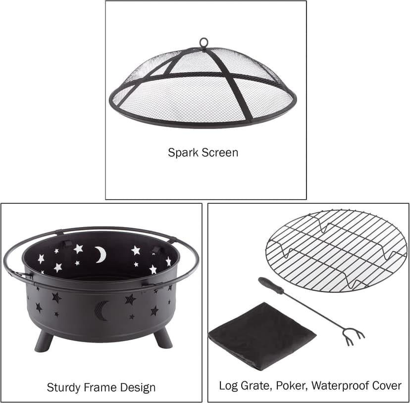 Fire Pit - 32-Inch Outdoor Wood Burning Firepit with Screen, Poker, and Cover - Outdoor Fire Pits for Backyard, Deck, or Patio by Pure Garden (Black)