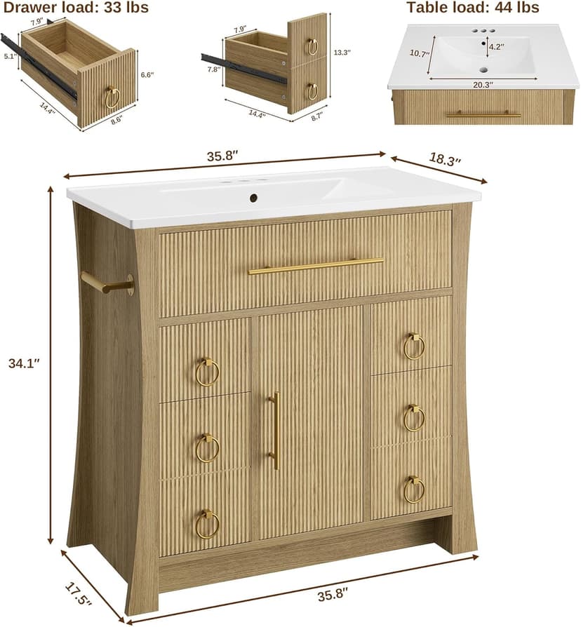IRONCK 36" Bathroom Vanity with Sink, Freestanding Bathroom Sink Cabinet with 4 Drawers & 1 Flip-Down Drawer, Wood Grain Texture, Metal Handle, Farmhouse