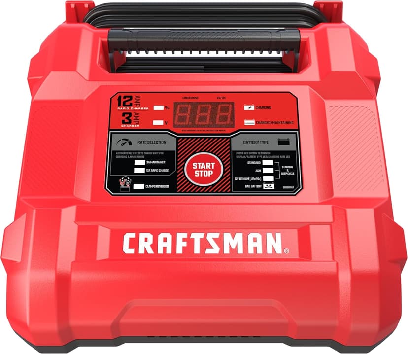 CRAFTSMAN Battery Charger and Maintainer, CMXCESM258, 4-in-1, Fully Automatic, Battery Tester, 12 Amps, 6 Volt, 12 Volt, for Car, SUV, Truck, and Marine Batteries