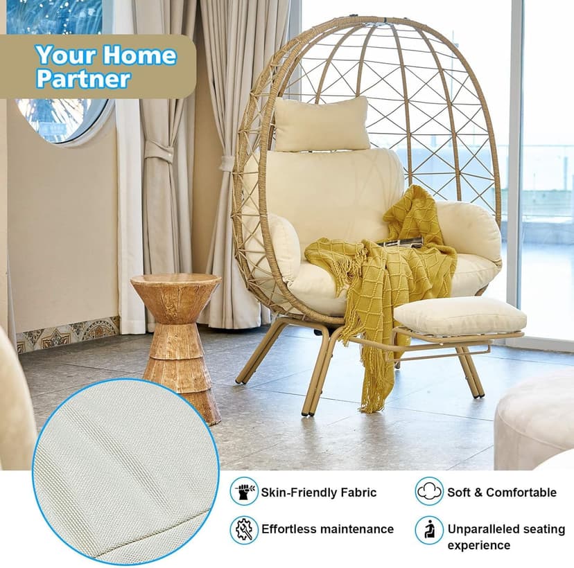 Wicker Egg Chair with Footrest & Cushions - Oversized 450lb Capacity Boho Wicker Egg Chair with Ottoman for Indoor/Outdoor - Beige Rattan Lounge Seat for Patio, Balcony, Garden, Home