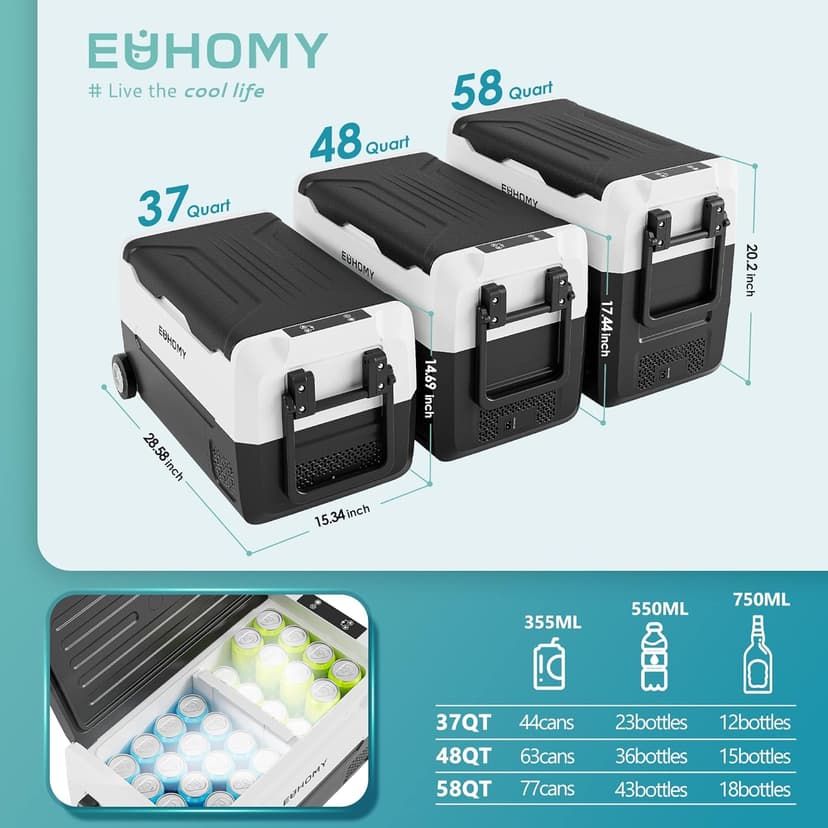 EUHOMY 12 Volt Refrigerator, 58QT(55L) 12V Fridge, Electric Cooler 12/24V DC 120-240V AC -4℉~68℉, 12V Freezer Removable Divider, Car Fridge For Camping, RV, Travel, Fishing, Outdoor