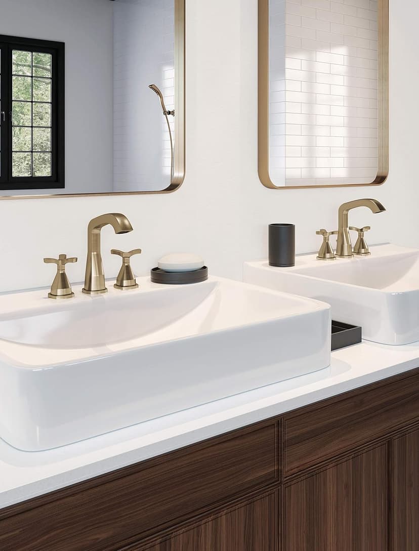 Delta Faucet Stryke Widespread Bathroom Faucet 3 Hole, Gold Bathroom Faucet with Cross Handles, Diamond Seal Technology, Metal Drain Assembly, Champagne Bronze 357766-CZMPU-DST