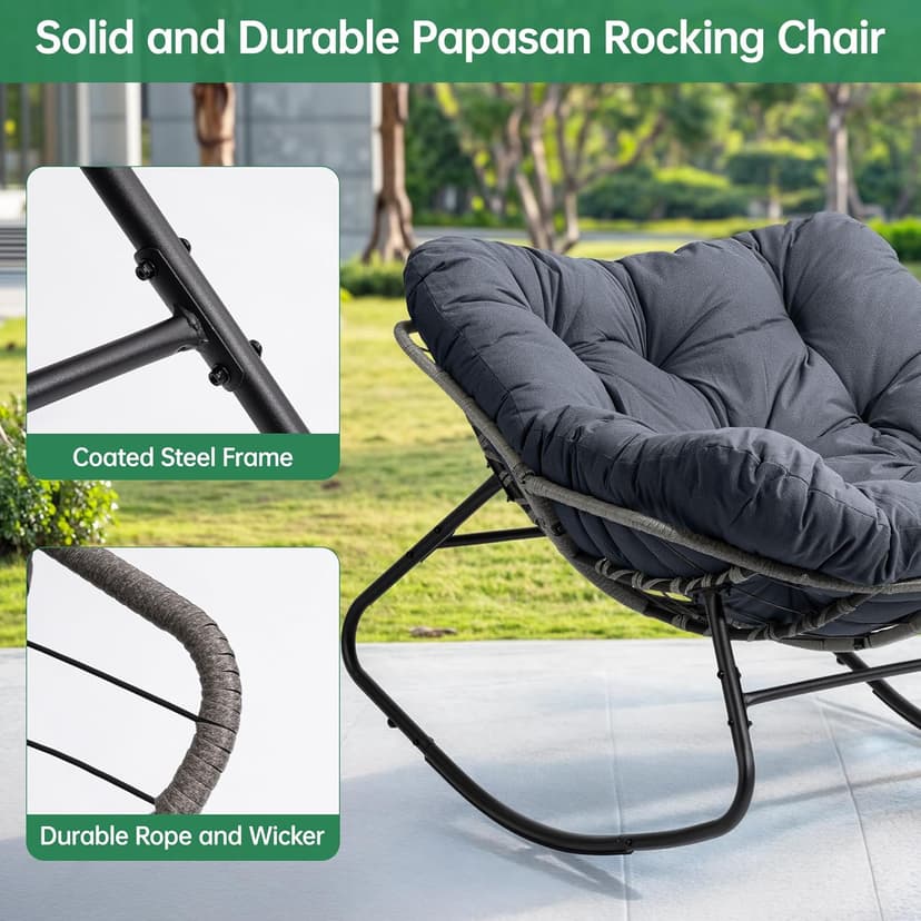 LotFun Papasan Rocking Chair, Outdoor Patio Rocking Chairs with Thick Cushion and Removable Side Pockets, Oversized Rocker Egg Chair for Bedroom, Porch, Garden (Dark Grey, 33" W x 40" D x 28" H)