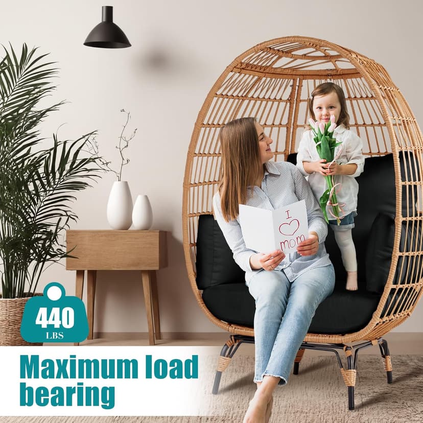 Outdoor Egg Chair, PE Wicker Chair with 4 Thicken Cushions, Patio Chairs 440 lbs Capacity, Oversized Balcony Chairs with Durable Steel Frame Perfect for Balcony, Backyard, Bedroom-Dark Black