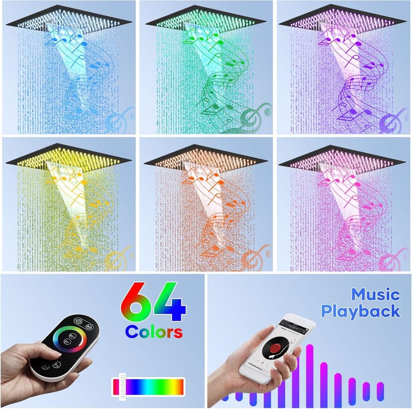 Smart Shower System with Body Jets, Black Shower Head and Handle Set,16" Ceiling Mount Rainfall Waterfall Shower Jets System with Tub Spout,Thermostatic Shower System Bathroom with Music and Led Light