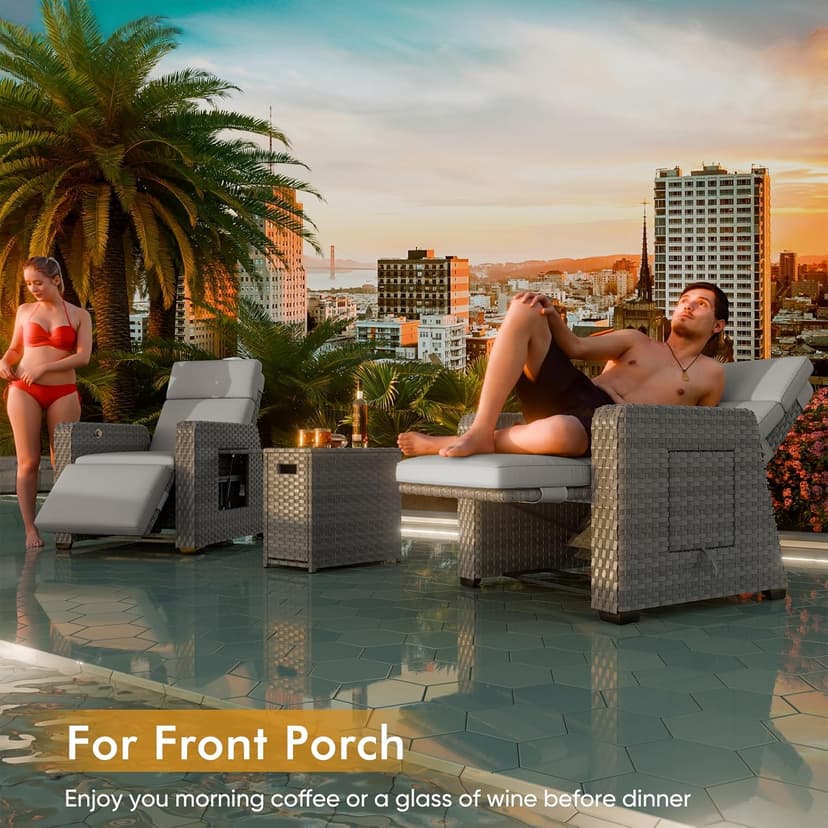 Outdoor Recliner Patio Chair, All-Weather Wicker Furniture Reclining with Air Pump, 150° Lay-Flat Position, Extended Footrest, Flip-Up Side Table, Removable Gray Olefin Cushions