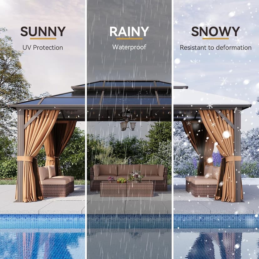 Aoxun 12'x16' Hardtop Gazebo, Aluminum Frame Permanent Pavilion with Netting and Curtains, Outdoor Polycarbonate Double Roof Canopy, Designed for Lawn, Garden, Patio (Brown)
