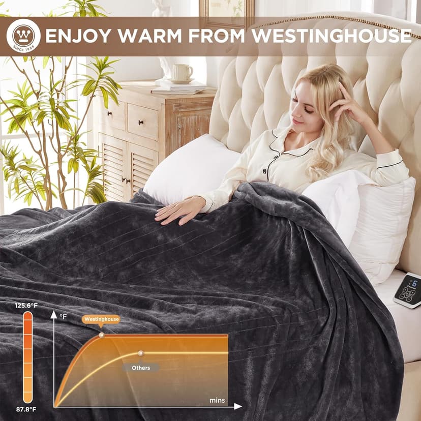 Westinghouse Queen Size Electric Heating Blanket, 10 Levels, Auto Shut Off, Fast Heating, Machine Washable (Queen, 84x90 Inches, Charcoal)