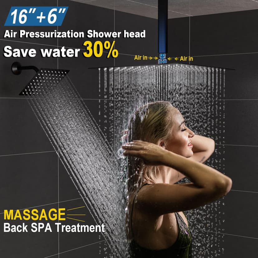 Enga Temperature Display Shower System with Dual Shower Heads, 16" + 6" Dual Rain Shower System, Push-button Valve Thermostatic Shower Faucet Set, Can All Run Together & Flow Adjustable, Matte Black
