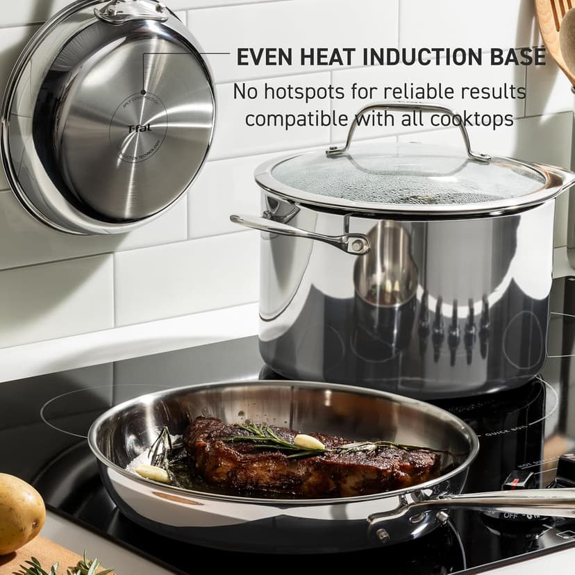 T-Fal Pro Tri-Ply Stainless Steel Cookware Set 13 Piece, Induction Compatible Oven Safe 500F, Lids 350F, Fast & Even Heat, Professional Quality & Durability, Pots and Pans Set, Dishwasher Safe, Silver