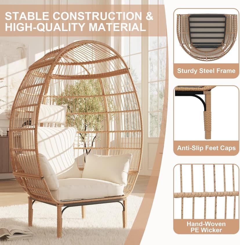 Paito Egg Chair Oversized Lounger, Wicker Egg Rattan Chair Outdoor Indoor, 500 Lbs Egg Shape Balcony Chair for Living Room, Balcony, Backyard