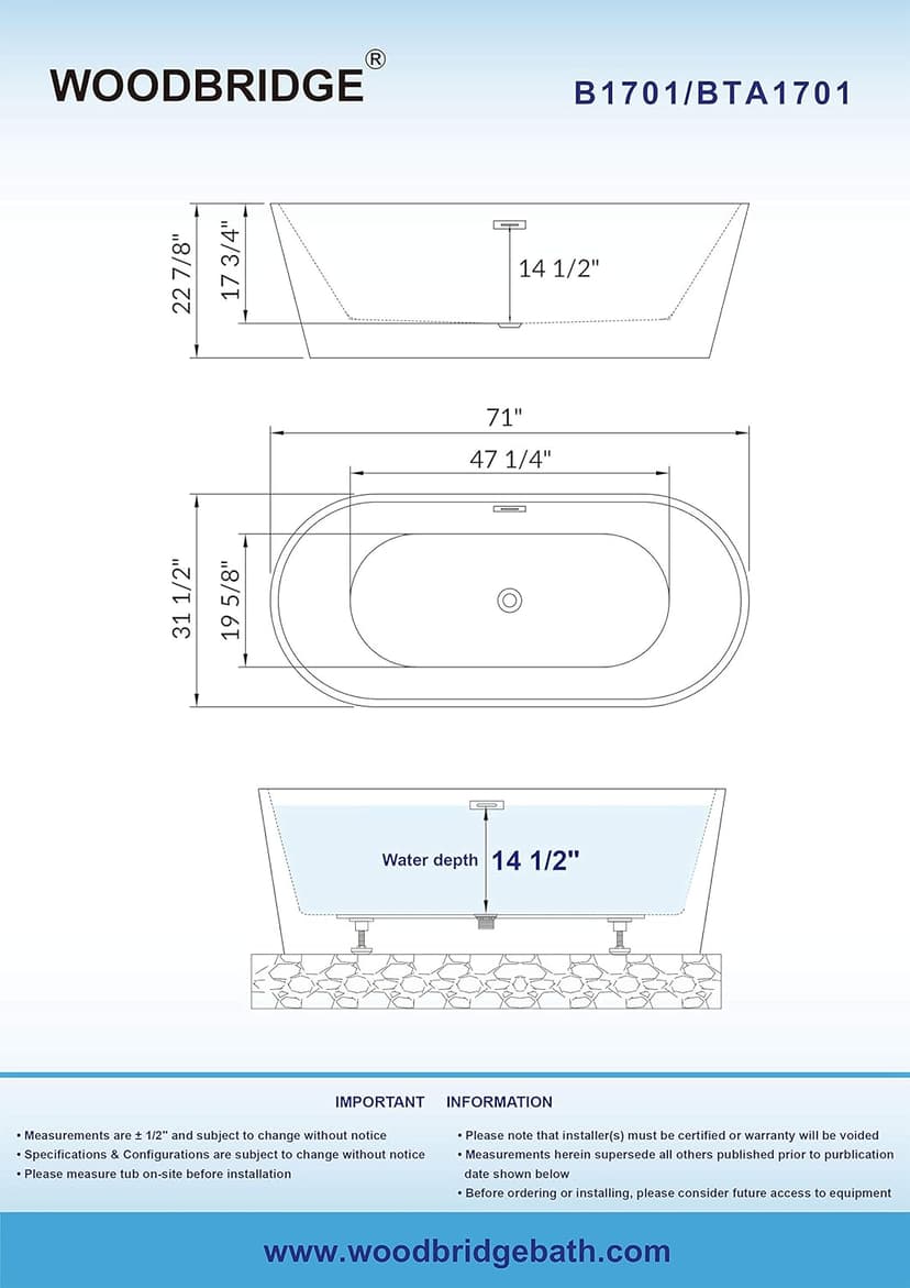 WOODBRIDGE 71" Acrylic Freestanding Bathtub Contemporary Soaking White Tub with Brushed Gold Overflow and Drain,B1701-BG