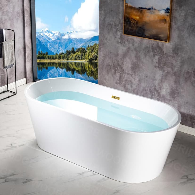WOODBRIDGE 71" Acrylic Freestanding Bathtub Contemporary Soaking White Tub with Brushed Gold Overflow and Drain,B1701-BG
