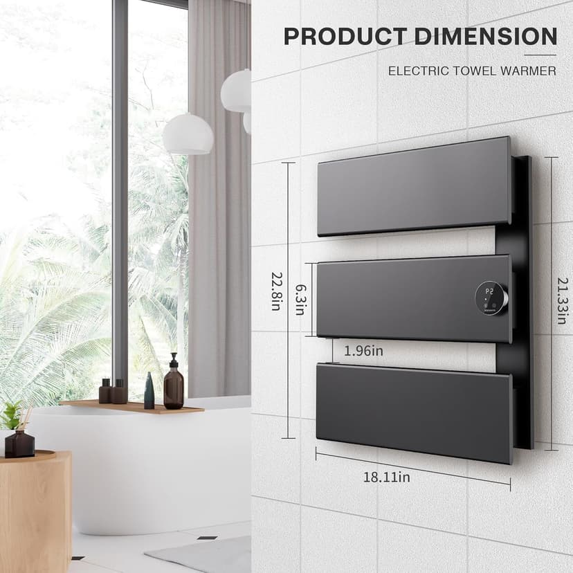 Electric Towel Warmer, 18.35" W x 22.8" H Wall-Mounted Towel Heater with Built-in Timer, Waterproof Aluminum Towel Warmer for Bathroom, Support Plug-in and Hardwired, Black, K3-R-B