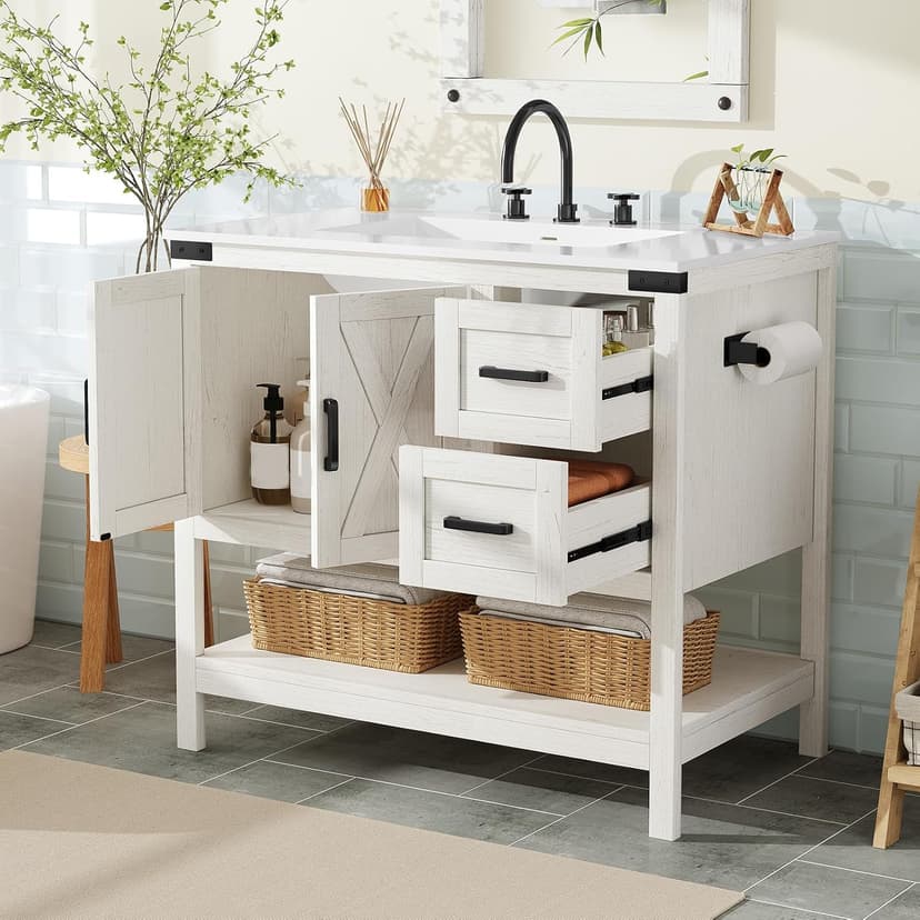 AMERLIFE 36" Farmhouse Bathroom Vanity with Sink Combo, Wood Barn Door Freestanding Small Single Bath Storage Cabinet Set with Sliding Drawers & Open Shelf, Paper Towel Holder, Antique White