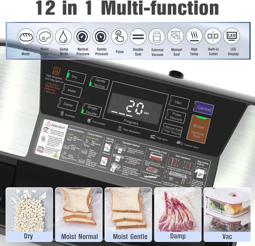 230 Watts Vacuum Sealer for Food, Commercial Vacuum Sealer Machine with Double Heat Seal, Easy Lock Handle, 12 Functions, Bags Storage,Build-in Cutter, 1 Roll and 10 Pre-cut Bags, Progress Display