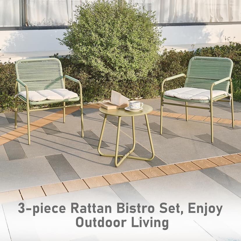 3-Piece Outdoor Wicker Patio Bistro Set, All-Weather Rattan Conversation Set with Round Side Table, Patio Furniture Set with Cushions for Deck, Balcony, Poolside, Porch and Yard, Green