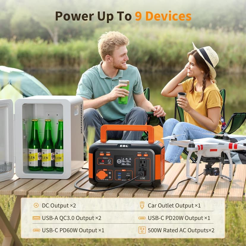 EBL Portable Power Station 500W, 444Wh Backup Lithium Battery, 500W Solar Generator For Outdoors Camping Travel Home Emergency Use (Solar Panel Optional)