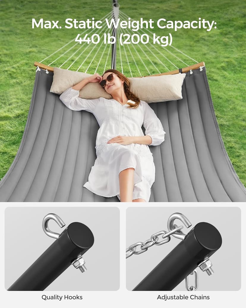 SONGMICS Hammock with Stand, Quilted Hammock with Curved Bamboo Spreaders, Pillow, 78.7 x 55.1 Inches, Portable Padded Hammock Holds up to 440 lb, Black and Gray UGHS002G01