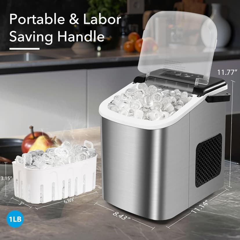 MAXEVE Ice Maker Countertop, 34LBs/24H Ice Machine, 2 Bullet Size, Fast Making 9Cubs in 5 Mins, Portable Ice Maker Machine with Self Cleaning, Ice Basket, Ice Scoop for Home/Office/Bar (Silver)