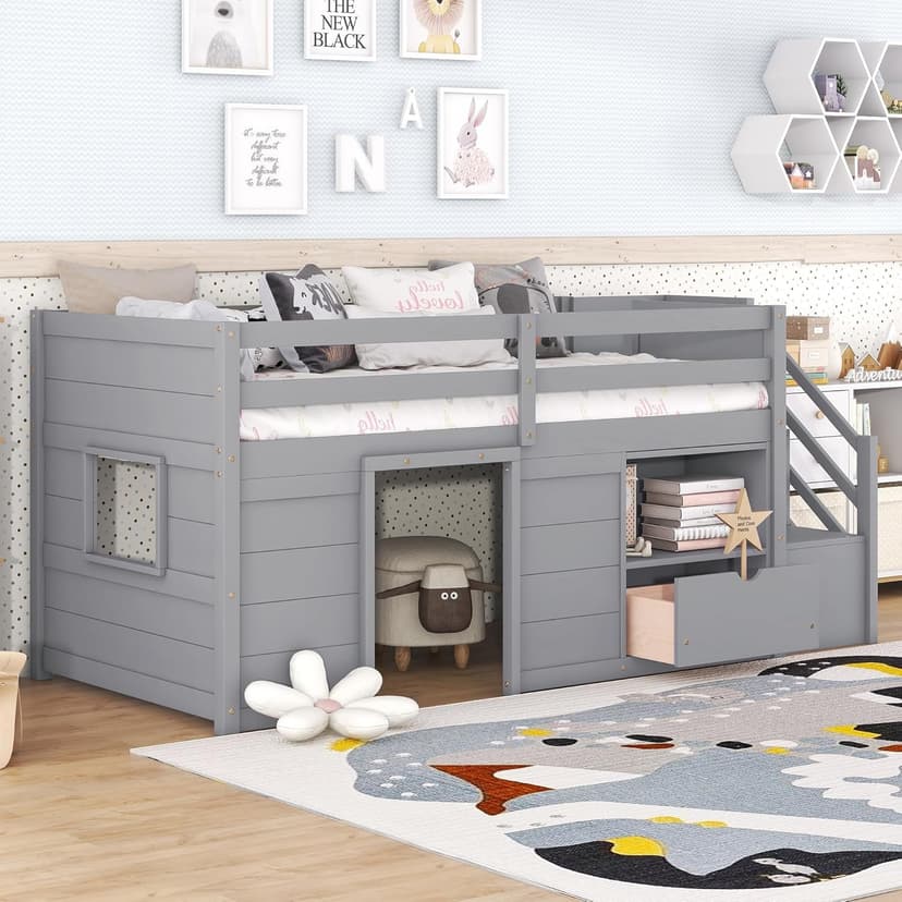 Bellemave Twin Size Low loft Bed for Kids,Wood Loft Beds,Modern Farmhouse Twin loft Bed,Loft Bed with Storage, No Box Spring Needed,for Kids,Gray