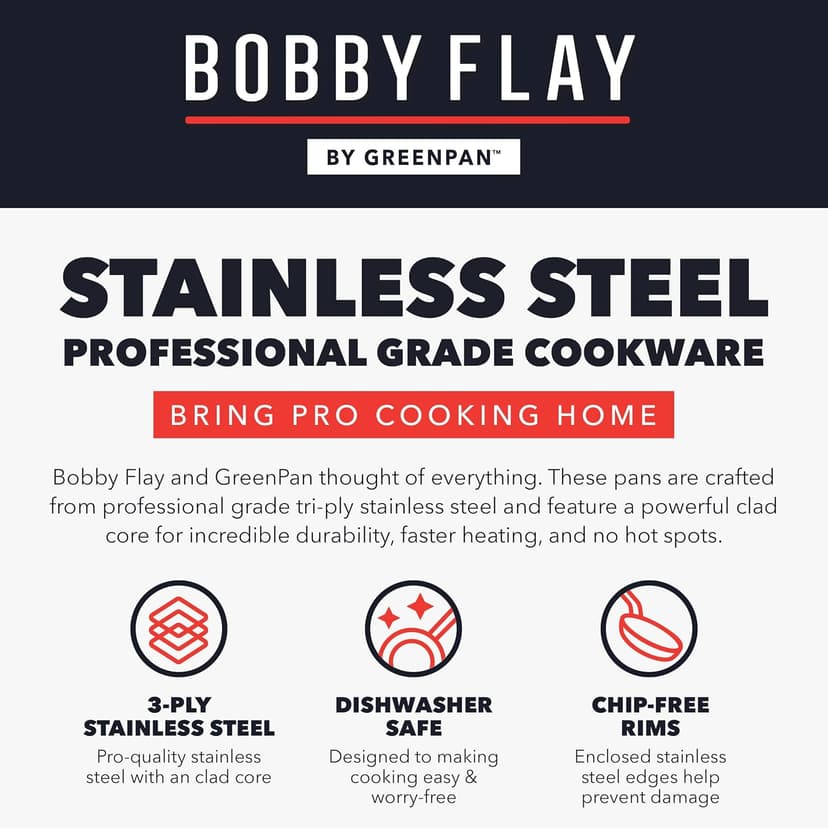 GreenPan x Bobby Flay 10 Piece Stainless Steel Cookware Set, Tri-Ply Multiclad Pots & Pans, Professional Grade, Oven & Broiler Safe to 600°F, Dishwasher Safe, Durable, Induction Compatible, Silver