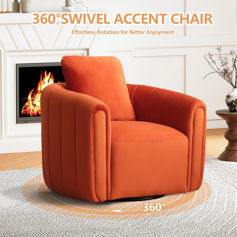 CANMOV Swivel Accent Chair with Pillow,360-degree Swivel Barrel Chair with Curve Backrest, Comfy Velvet Pumpkin-Shaped Round Armchair Modern Single Sofa for Living Room,Bedroom,Waiting Room,Orange