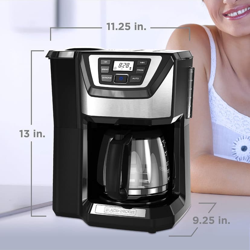 BLACK+DECKER 12-Cup Mill and Brew Coffee Maker, Automatic Grind and Brew Drip Coffee Machine, Programmable, Sneak-A-Cup, Reusable Filter.