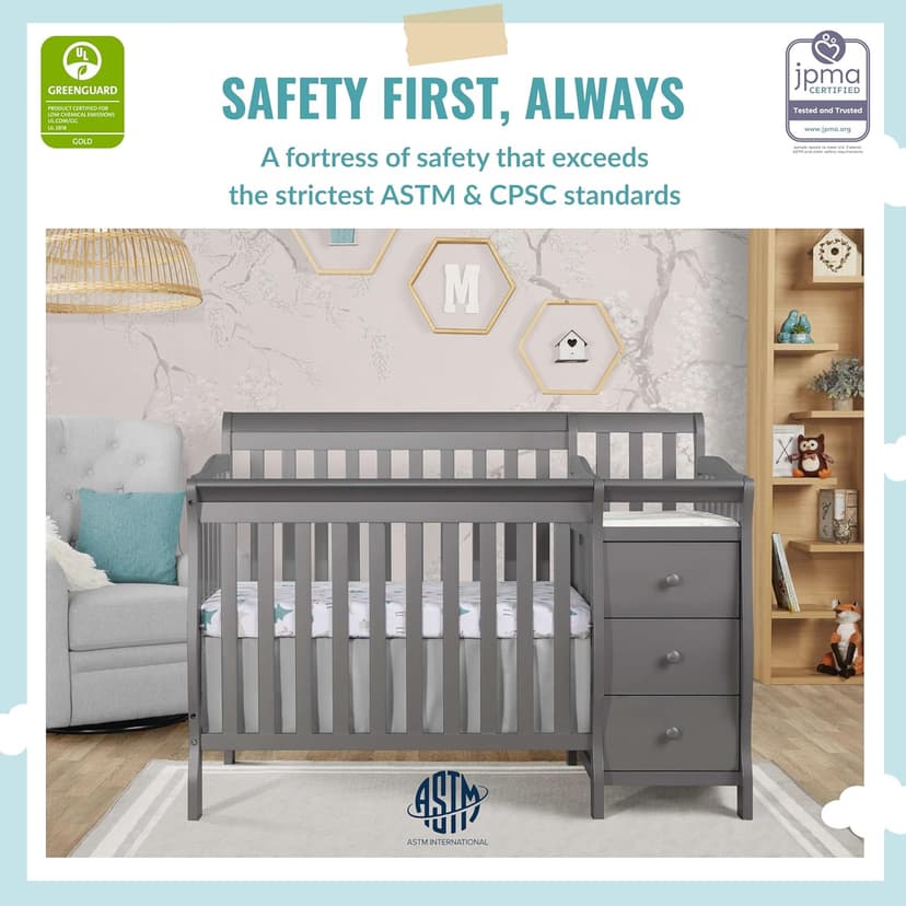 Dream On Me Jayden 4-in-1 Mini Convertible Crib And Changer in Storm Grey, Greenguard Gold Certified, Non-Toxic Finish, New Zealand Pinewood, 1" Mattress Pad