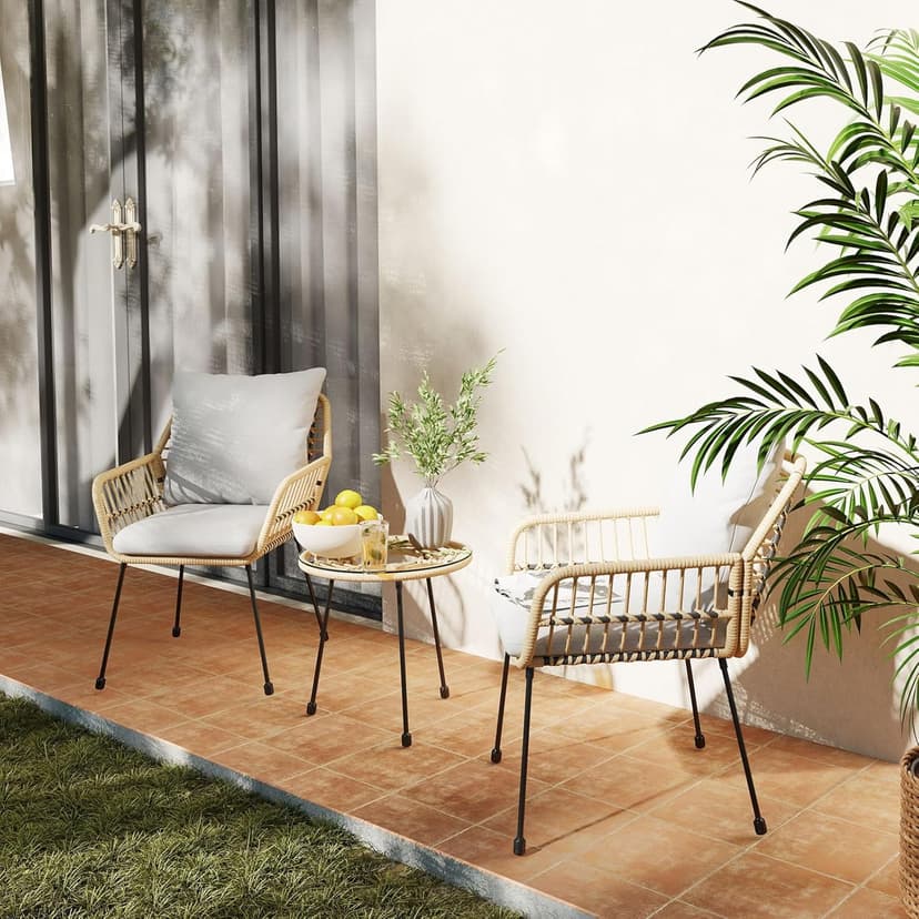 3 Pieces Outdoor Bistro Set, Bistro Set Outdoor with Glass Top Table, Patio Wicker Furniture Set 3 Piece, Rattan Conversation Set for Balcony, Lawn, Garden, Backyard, Poolside, Beige