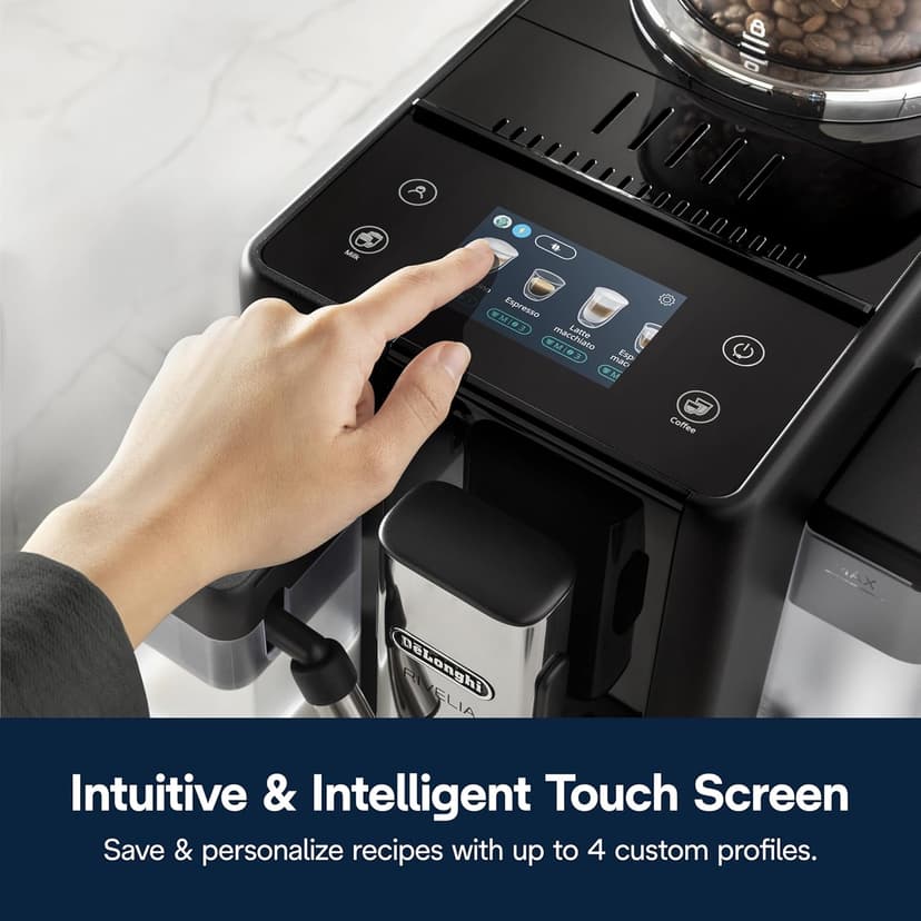De'Longhi Rivelia Automatic Espresso Machine with Grinder & Milk Frother – All-in-One Coffee Maker, Hot & Iced Latte, Cappuccino, Bean Switch System, Burr Grinder, Compact Italian Design, Black