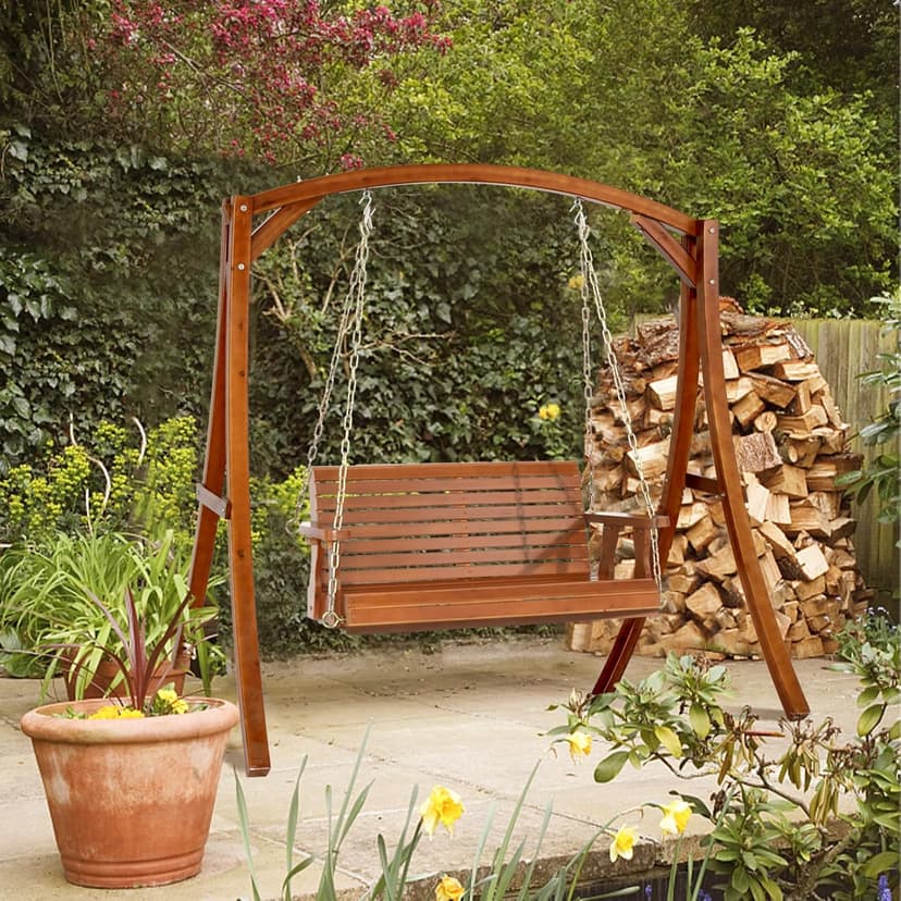 VINGLI Upgraded Patio Wooden Porch Swing for Courtyard & Garden, Heavy Duty 880 LBS Swing Chair Bench with Hanging Chains for Outdoors (Brown, 4 FT)