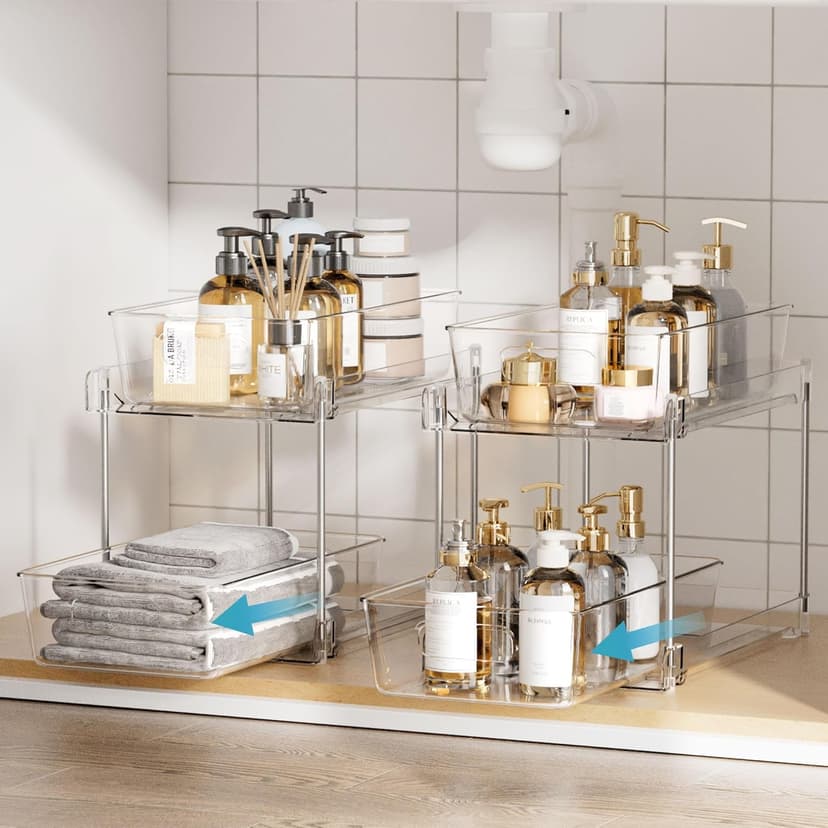 Vtopmart 4 Pack Bathroom Organizer, 2 Tier Clear Under Sink Organizers Vanity Countertop Storage Container,Cabinet Drawers Bins, Pull-Out Organization with Track for Pantry, Kitchen