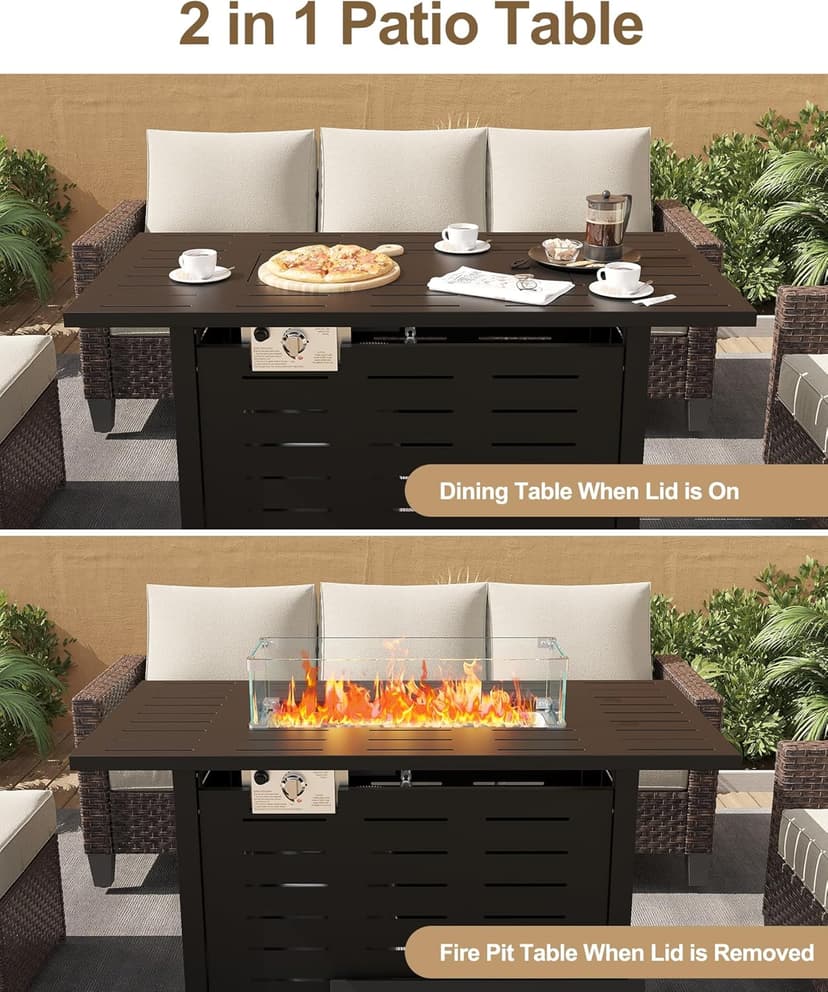 44" Outdoor Propane Fire Pit Table, 48,000 Btu Lp Gas Rectangular Fire Table with Ignition Systems and Lid,Outdoor Firetable with Glass Rocks for Patio Deck Garden Backyard