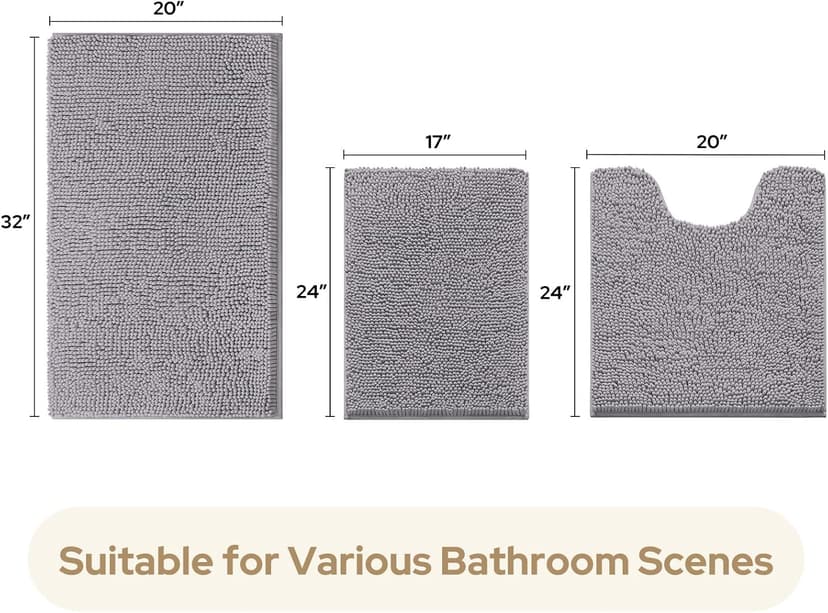 HOMEIDEAS 3 Pieces Bathroom Rugs, Ultra Soft Non Slip Absorbent Chenille Toilet Bath Mat Set (Grey)