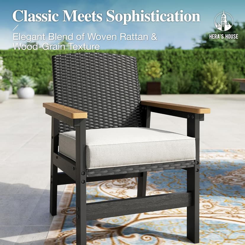 HERA'S HOUSE Patio Table and Chairs Set 7-Piece, HDPE Outdoor Dining Furniture Set with Cushions, All-Weather Wood Grain Table & Wicker Chairs for Backyard, Garden, Deck (Durable & Low Maintenance)
