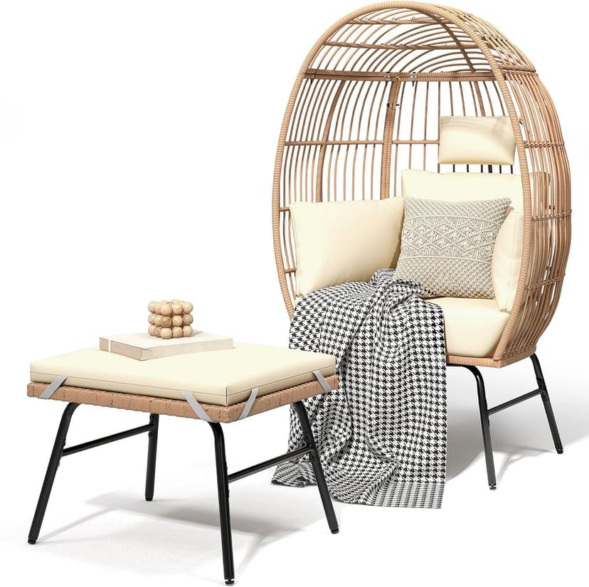 YITAHOME Accent Living Room Egg Chair w/ 2-in-1 Ottoman, Wicker Oversized Basket Chair with 5 Thick Cushions, Footrest, Comfy Recliner Lazy Chair for Indoor, Bedroom, Reading Room, Lounge (Beige)