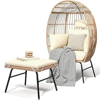 YITAHOME Accent Living Room Egg Chair w/ 2-in-1 Ottoman, Wicker Oversized Basket Chair with 5 Thick Cushions, Footrest, Comfy Recliner Lazy Chair for Indoor, Bedroom, Reading Room, Lounge (Beige)